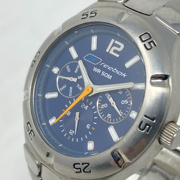 Reebok Watch Men 39mm Silver Tone Blue Dial Day Date WR 50M New Battery 8.25" - Picture 4 of 15
